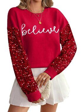 Red Sequin Christmas Sweater for Women - Believe Crewneck Long Sleeve Holiday